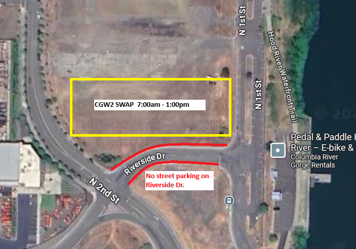 Aerial map showing event area (7:00am-1:00pm), no street parking on Riverside Dr., near Hood River Waterfront Trail.
