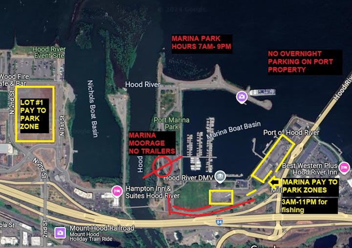 Map of Hood River Marina, parking info, hours, moorage rules, no overnight parking.
