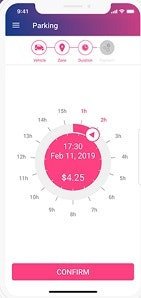 A parking app interface showing date, time, and cost ($4.25) for parking. It includes a circular time selector and a 'Confirm' button.