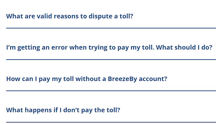 The image contains FAQs about disputing tolls, payment errors, and consequences of not paying tolls.