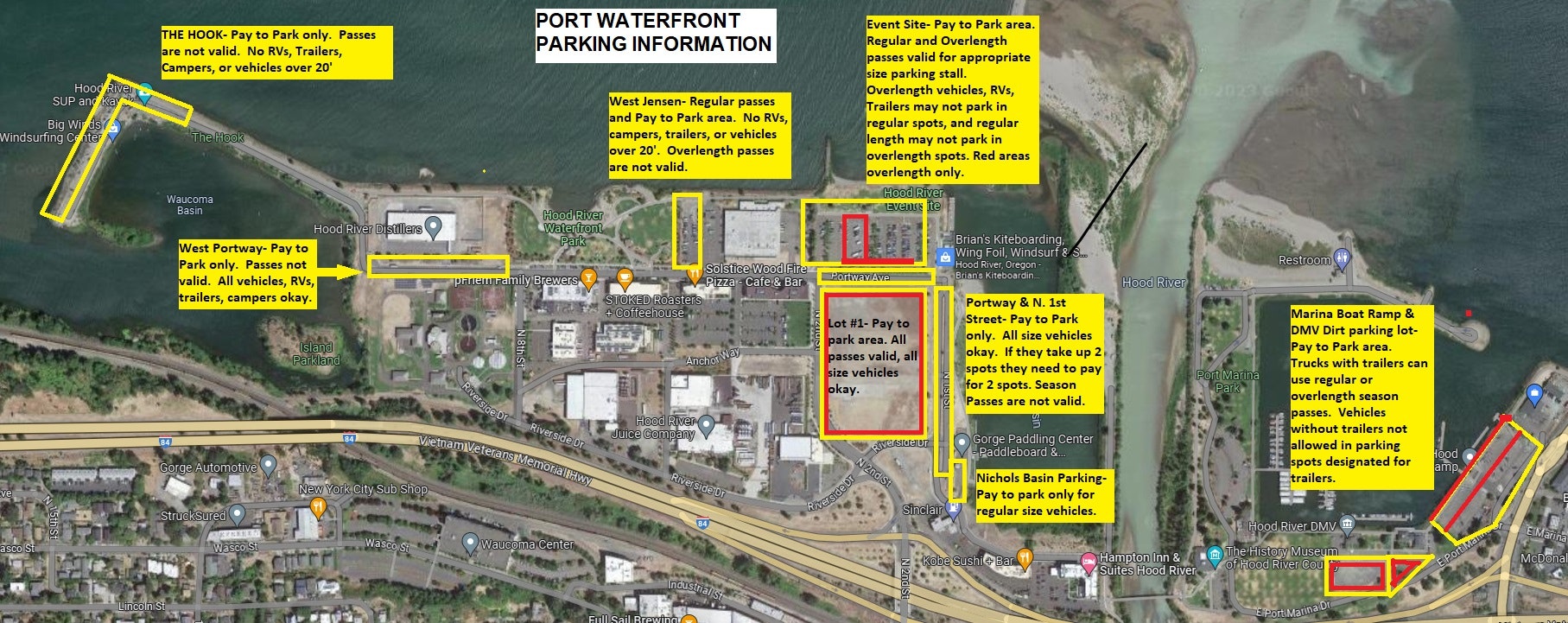 Aerial view of Port Waterfront with detailed parking information for various vehicle types and pass requirements.