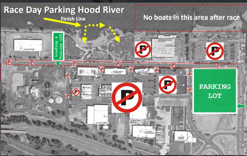 Race day parking map for Hood River area. No parking zones are marked, finish line indicated, and a parking lot is shown.