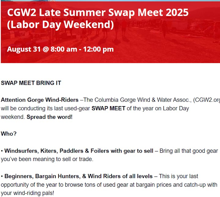 CGW2 Swap Meet 2025, August 31, for wind-riders to sell/trade gear. Open to all levels for bargains and gear browsing.