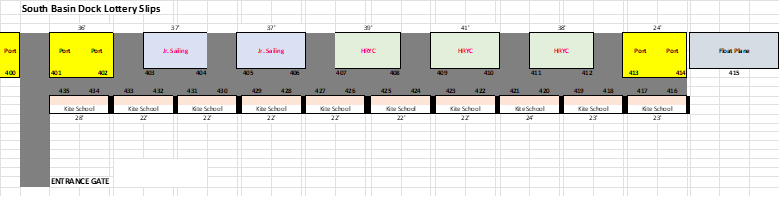 Layout diagram with labeled sections: "Port," "Junior Sailing," "HYC," and a "Float Plane" area.