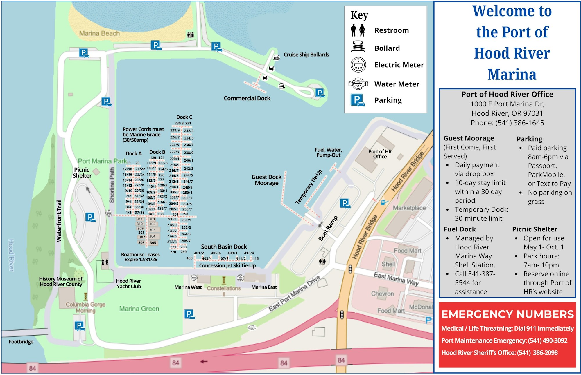 Map of Hood River Marina, showing docks, parking, facilities, and services like guest moorage and picnic shelter.