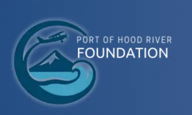 The image features a logo for the Port of Hood River Foundation, depicting a mountain and an airplane.