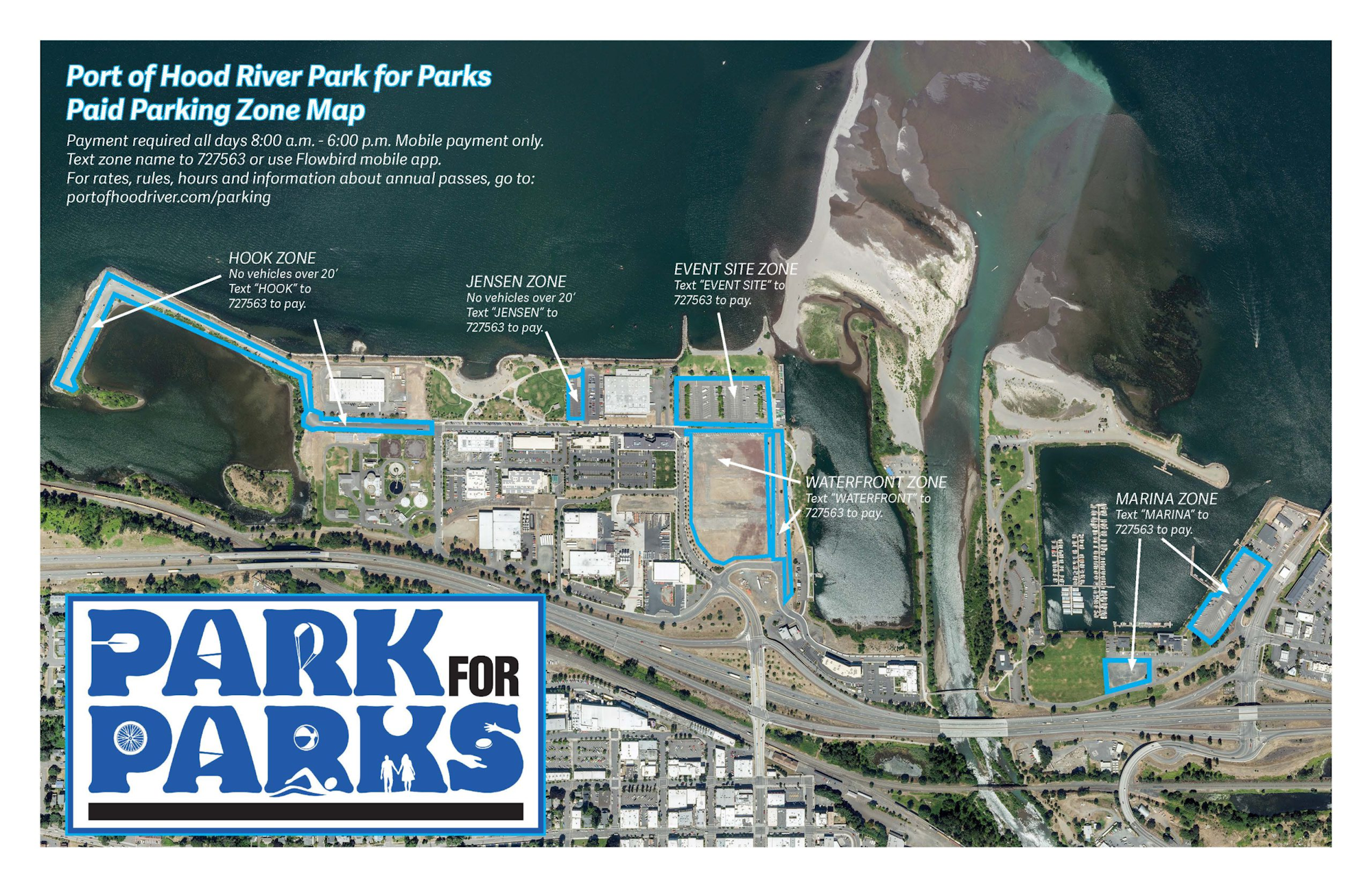 Aerial view paid parking zone map for Port of Hood River Park with labeled areas and payment instructions.