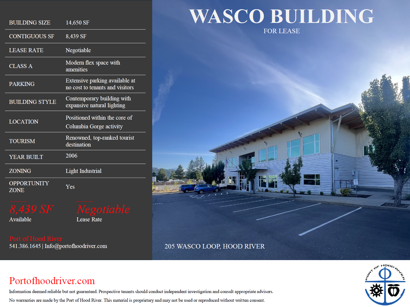 The Wasco Building for lease in Hood River offers 14,650 SF of modern flex space with amenities and negotiable lease rates.