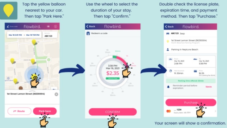 Three-step guide for booking parking via the Flowbird app: select location, choose duration, confirm purchase.