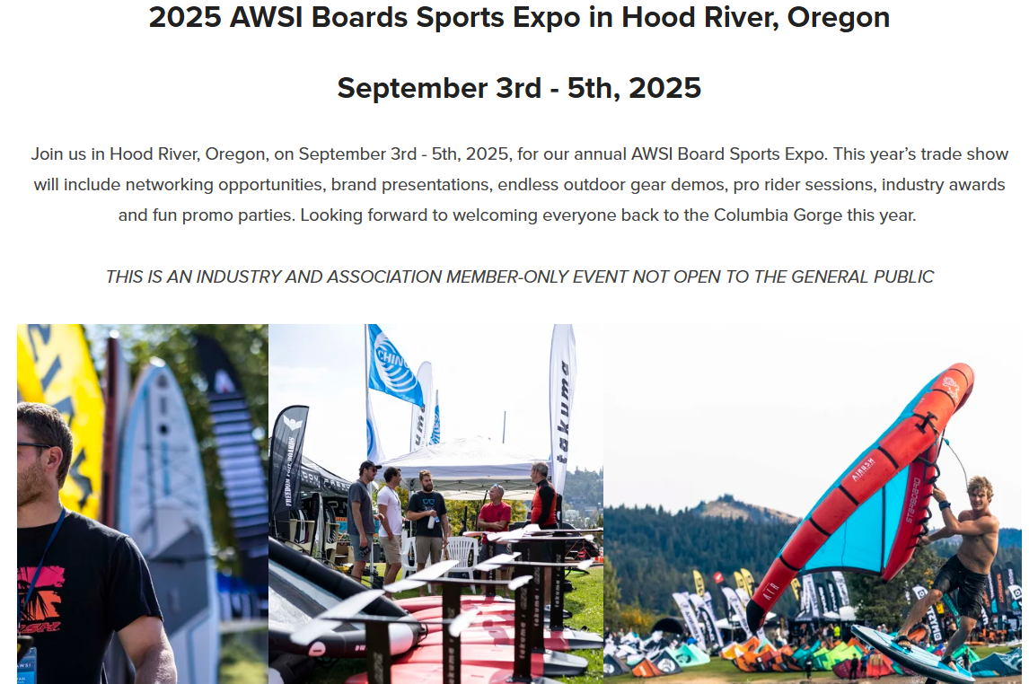 AWSI Board Sports Expo in Hood River, Oregon, Sep 3-5, 2025. Industry-only event with demos, sessions, and parties.