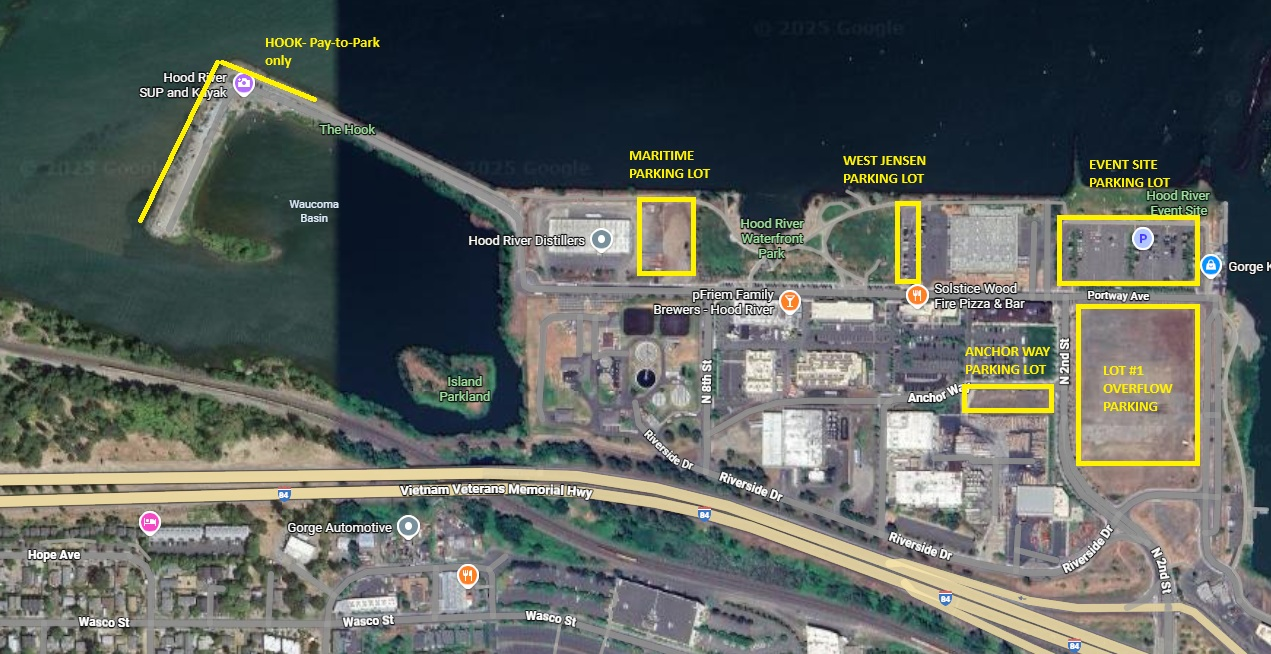 The image is a map showing various parking lots and locations in Hood River, including the Hook, Maritime, and Event Site parking areas.
