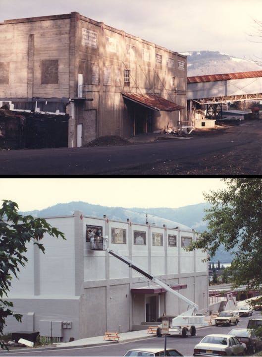 The image shows a before-and-after view of a building's renovation, transitioning from a dilapidated state to a restored appearance.