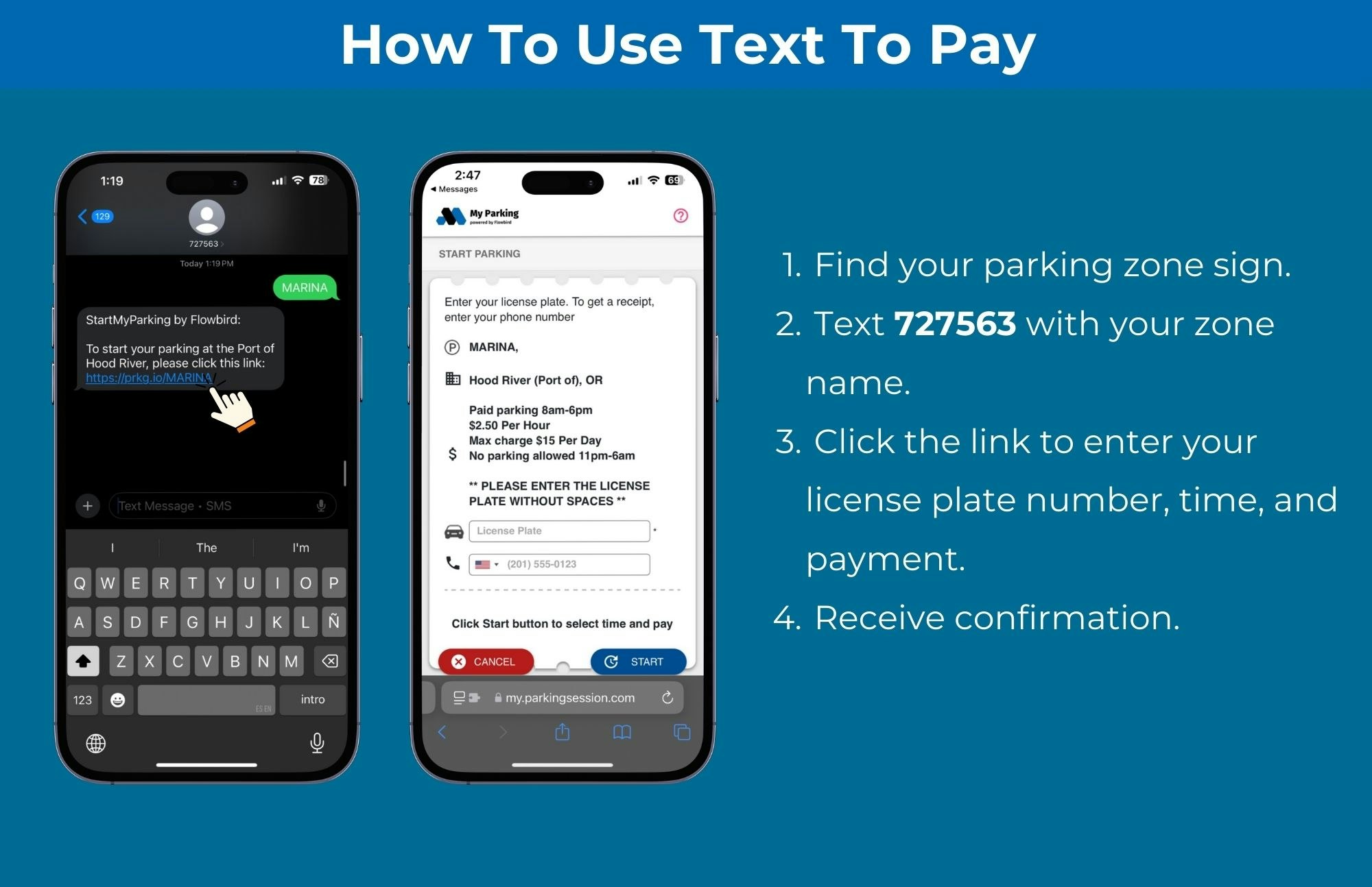 Instructions for using "Text to Pay" parking: text zone name to 727563, click link for details, and receive confirmation.