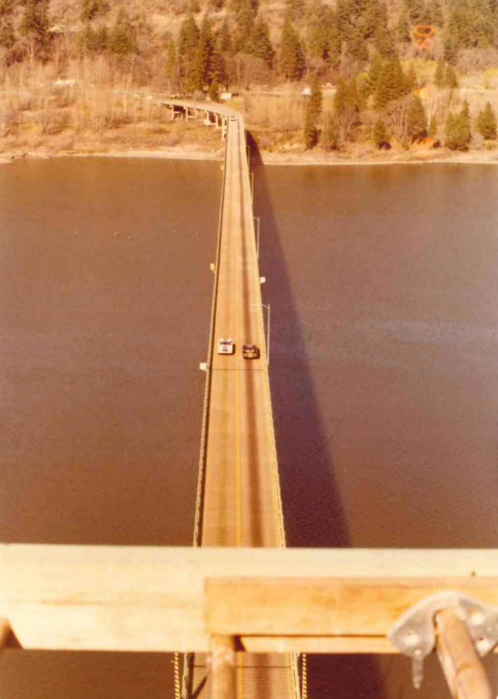 Aerial view of a bridge over water with vehicles, bordered by trees.