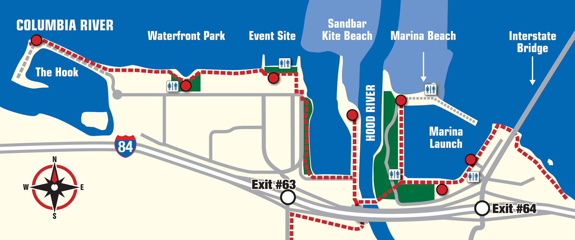 A stylized map showing the Columbia River, Hood River, points of interest, exits, and a compass rose.