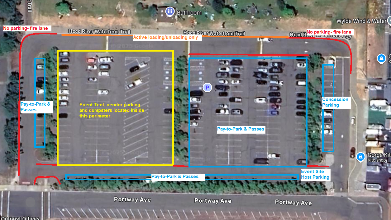 Parking map with sections for event tent, pay-to-park, concession parking, no parking zones, and active loading areas.