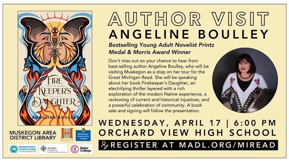 Author event announcement with a photo of Angeline Boulley, details of her book talk, and vivid artwork for "Firekeeper's Daughter."