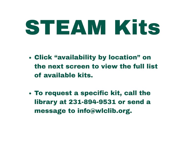 The image provides info on requesting STEAM kits from a library, including contact details and how to check availability.