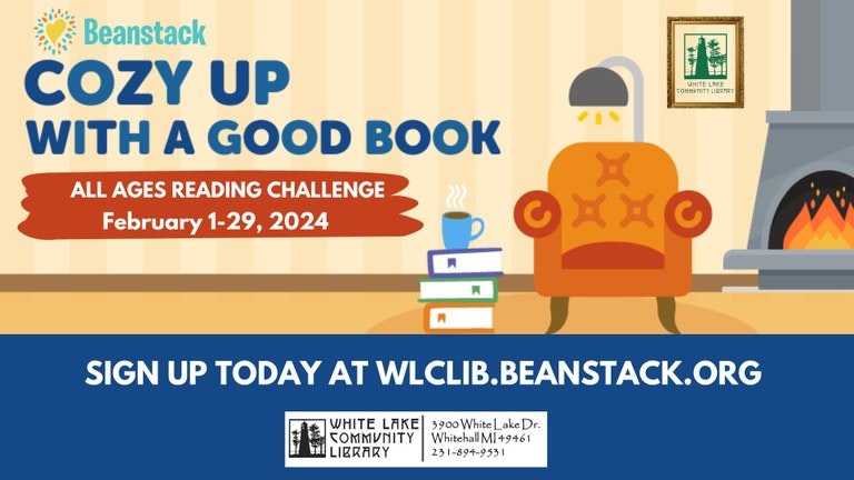 Ad for a reading challenge called "Cozy Up With A Good Book" for all ages from February 1-29, 2024, with a sign-up link and library information.