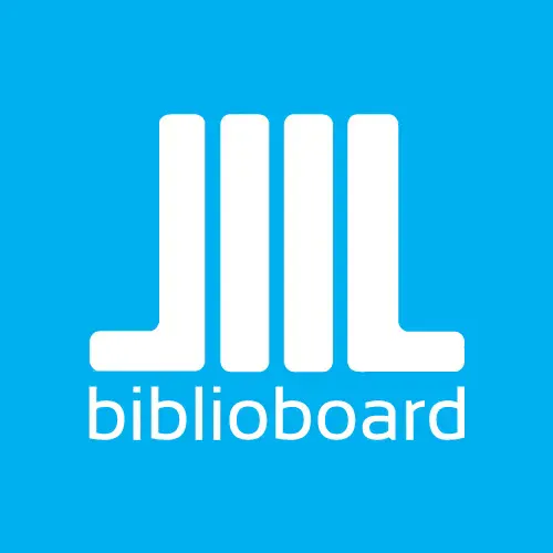 The image features a logo with the text "biblioboard" against a bright blue background.