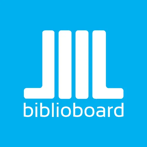 The image features a logo with the text "biblioboard" against a bright blue background.