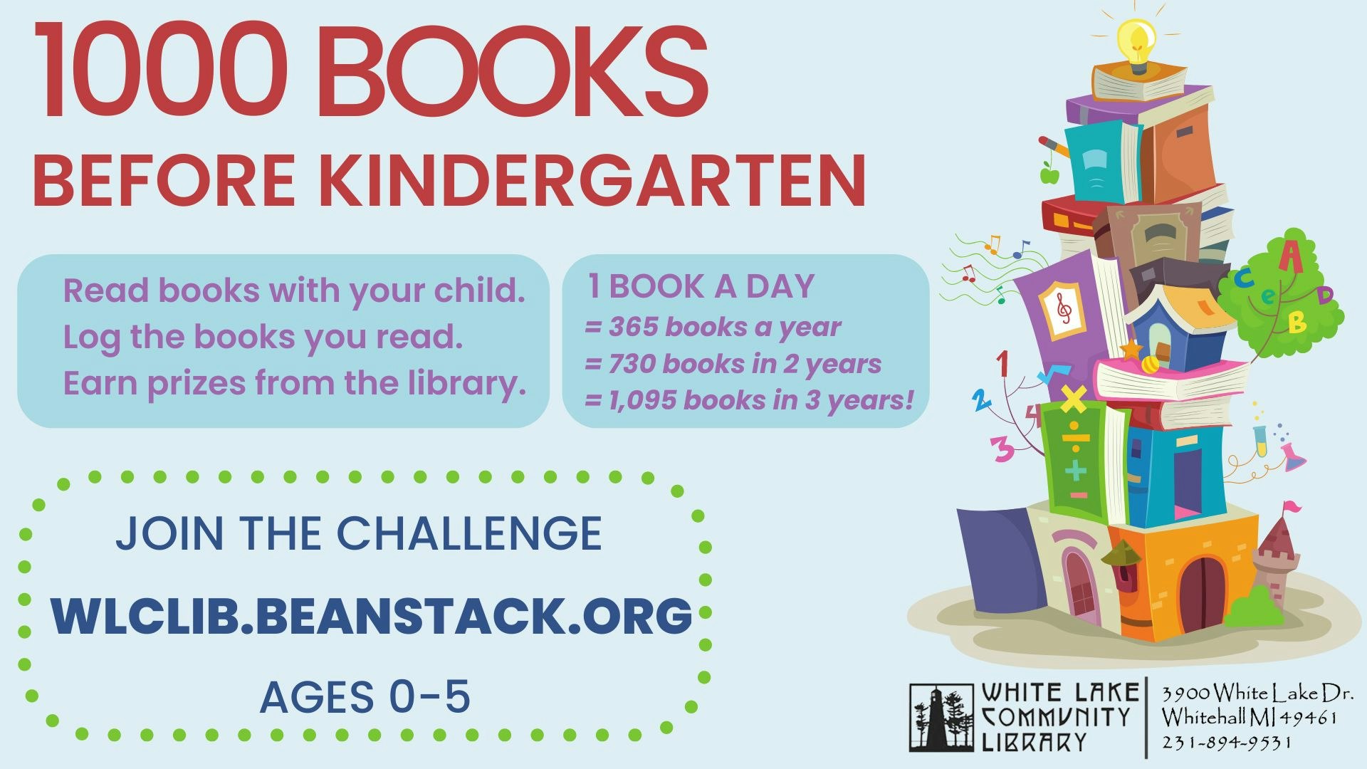 A colorful flyer for the "1000 Books Before Kindergarten" reading challenge, advocating reading to children aged 0-5 to promote early literacy.