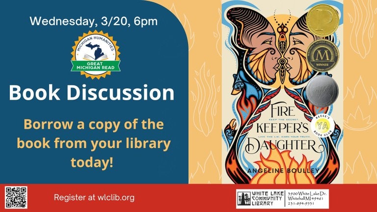 A poster for a book discussion event featuring "Firekeeper's Daughter" by Angeline Boulley, with event details and registration QR code.