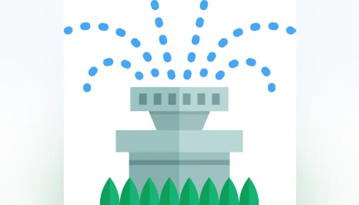An illustration of a fountain spraying water, surrounded by green grass.