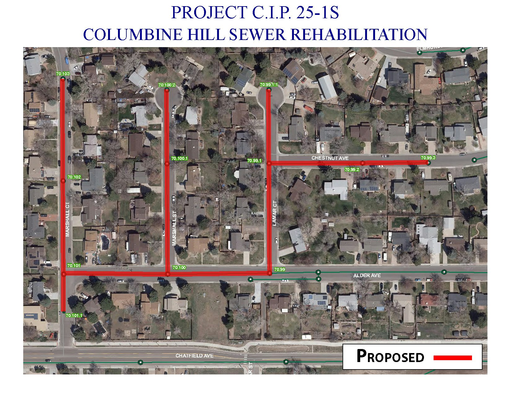 Map outlining the proposed sewer rehabilitation project in Columbine Hill, showing street names and project details.