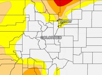The image shows a map of Colorado, highlighting areas in different colors, likely indicating varying conditions such as drought or temperature.