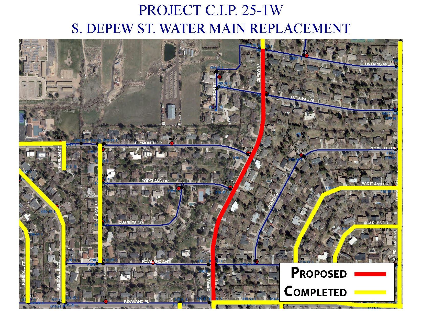 Map showing water main replacement project on S. Depew St., with proposed routes in red and completed sections in yellow.