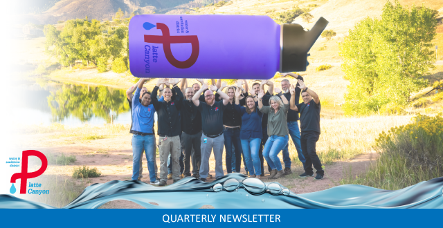 A group of people is celebrating outdoors, holding up a large water bottle, promoting Latte Canyon's quarterly newsletter.