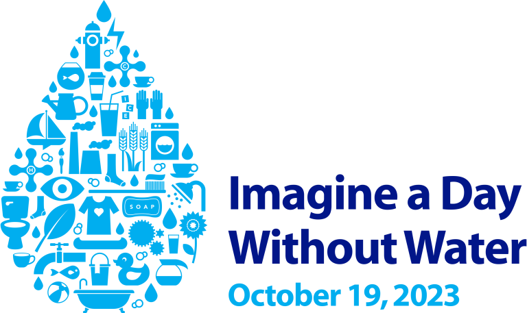 The image promotes "Imagine a Day Without Water," highlighting the importance of water, dated October 19, 2023.