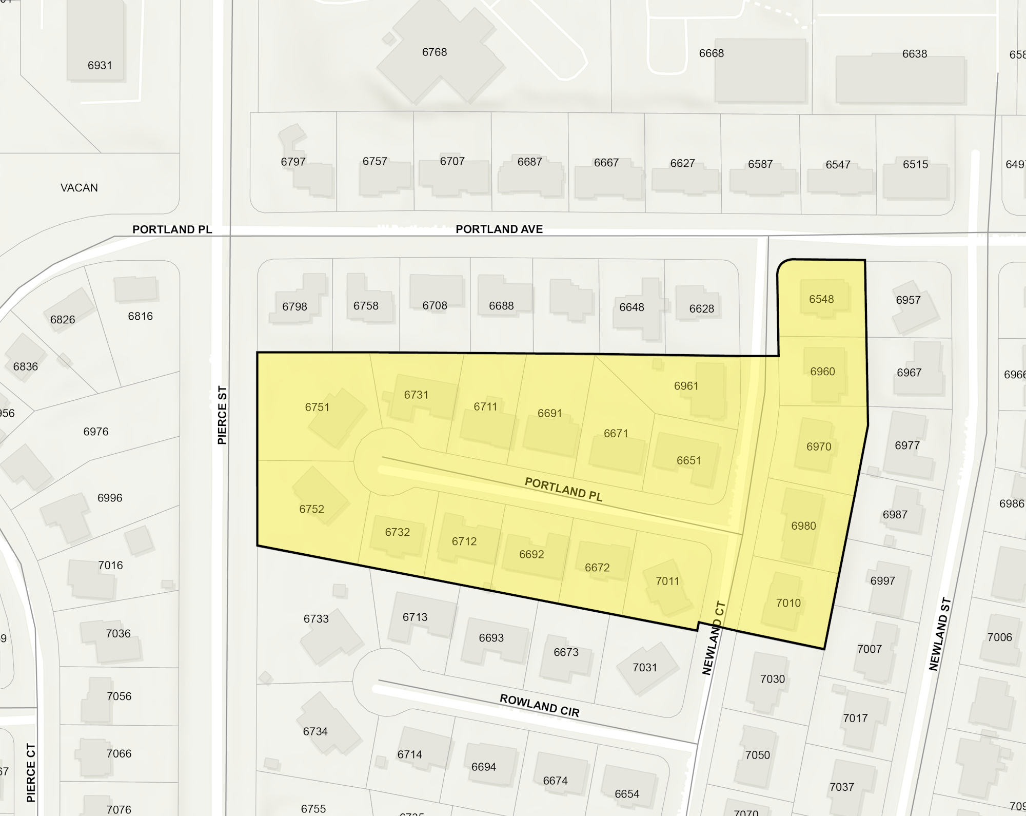 The image shows a map highlighting residential areas along Portland Place and Newland Court, with house numbers marked.