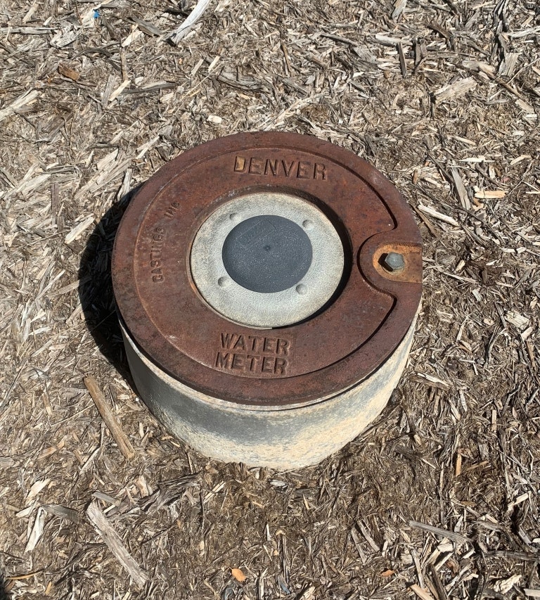 A circular, metal water meter cover labeled "DENVER WATER METER," sitting on mulch or dirt.