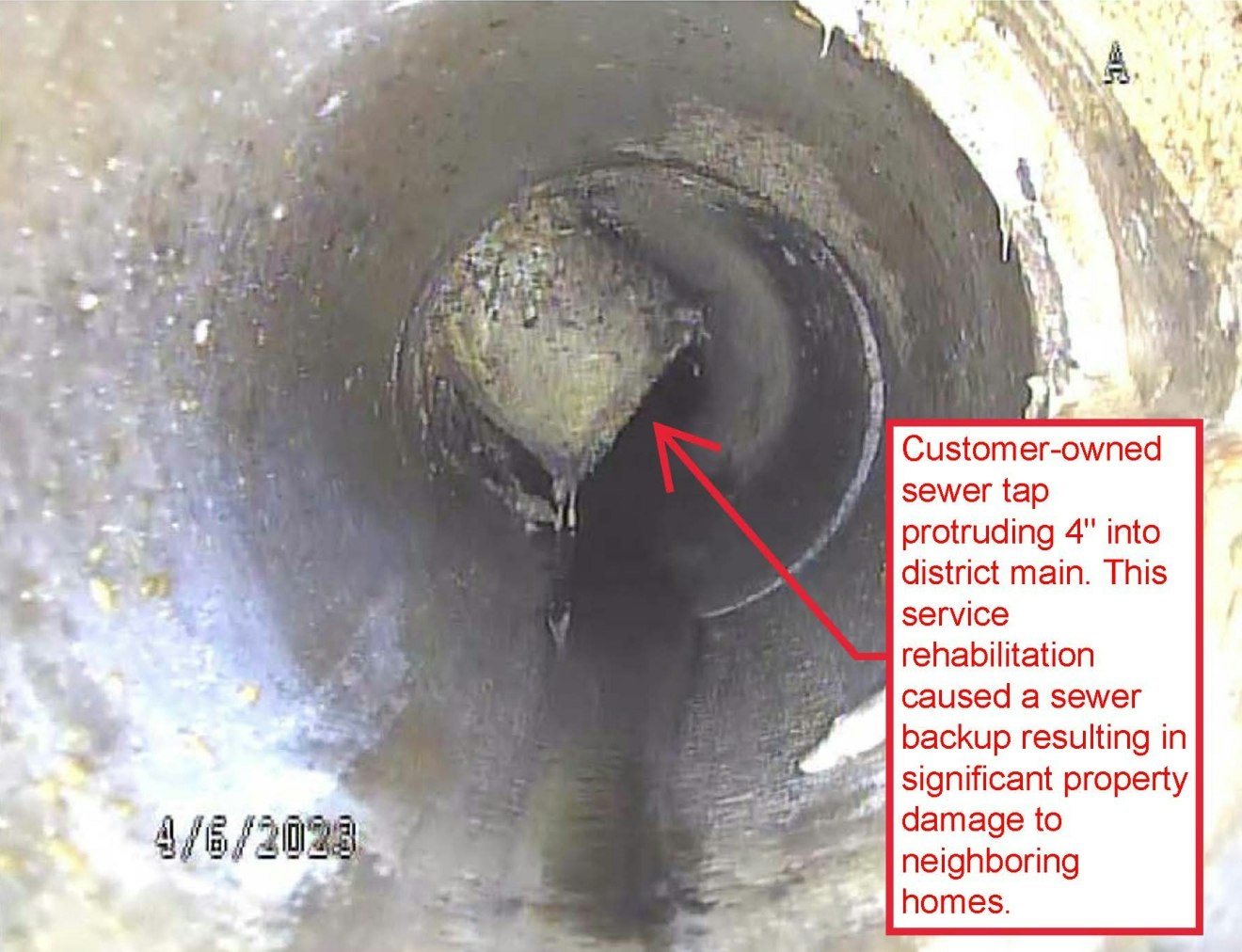 Image shows an overhead view of a sewer pipe with a note about a protruding sewer tap causing a backup and property damage.