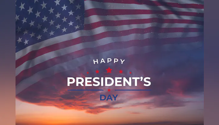 An image featuring the American flag and the text "Happy President's Day" over a colorful sunset background.