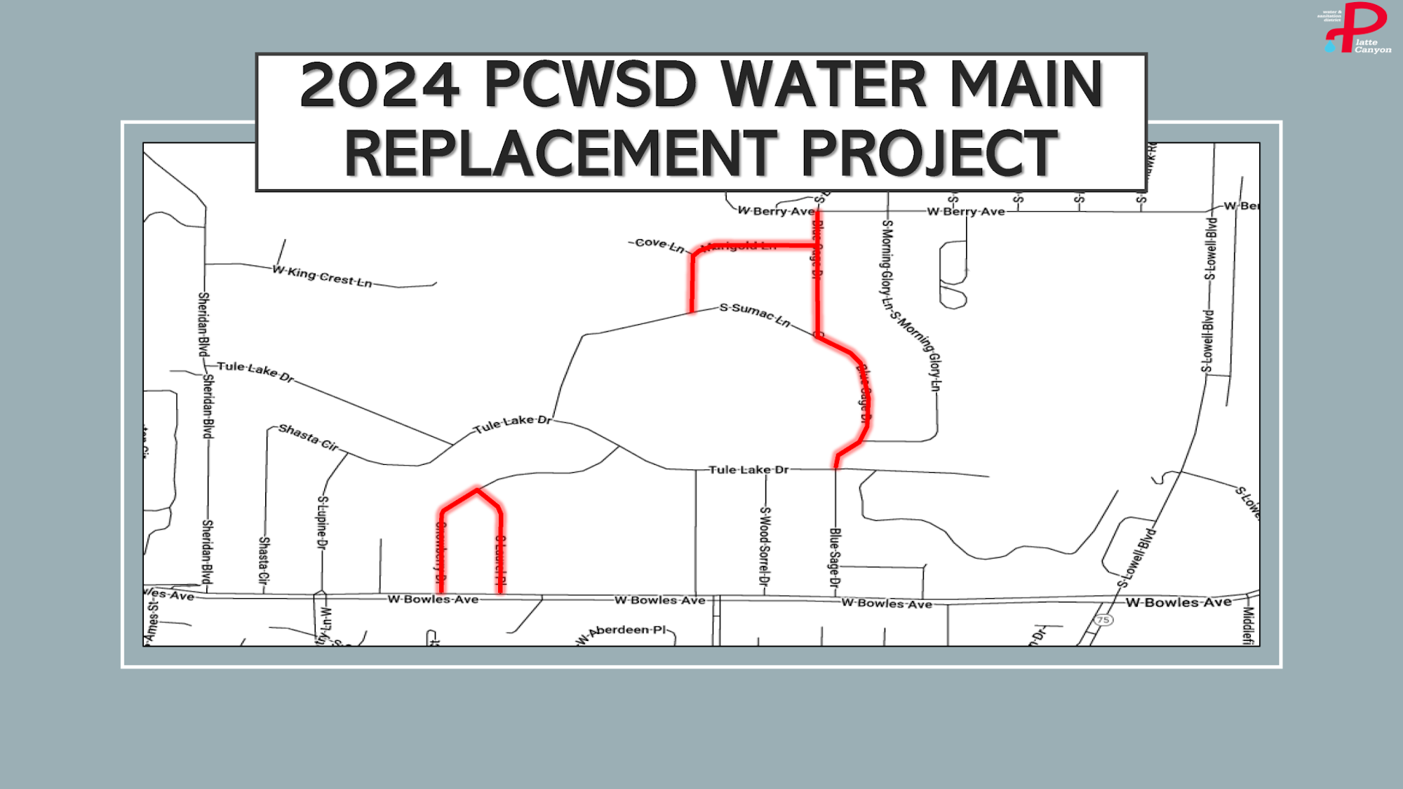 A map outlining the 2024 water main replacement project in the PCWSD area, highlighting specific streets affected.