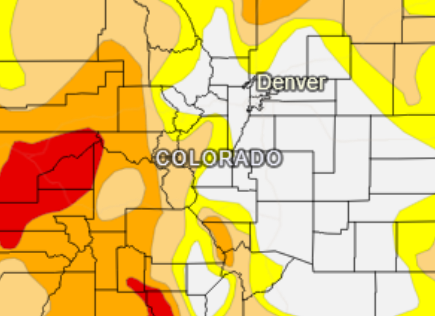 The image appears to be a weather or drought map of Colorado, showing varying levels of conditions across the state.