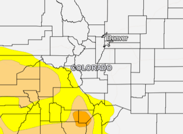 The image appears to show a map of Colorado with areas highlighted in yellow and orange, likely indicating regions of interest, such as weather warnings or climate data.