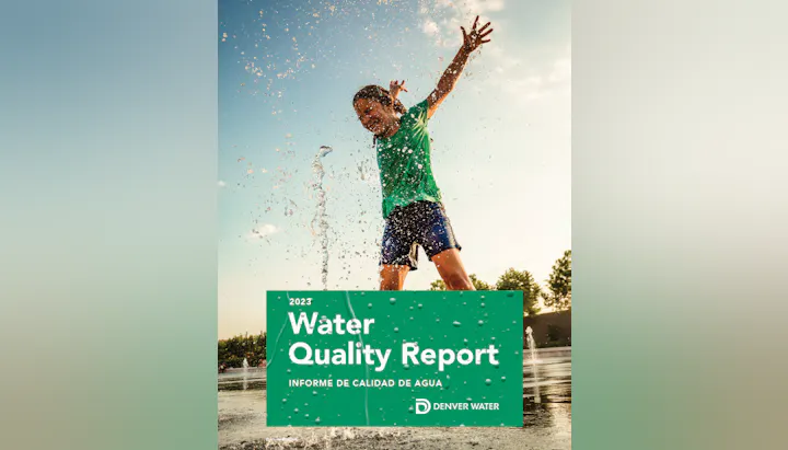 A child splashes joyfully in water, promoting the 2023 Water Quality Report by Denver Water.