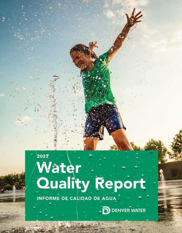 A child splashes joyfully in water, promoting the 2023 Water Quality Report by Denver Water.