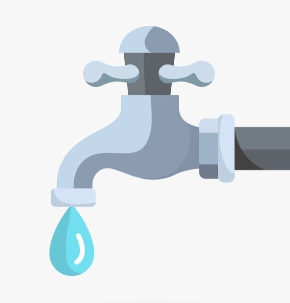 The image shows a metallic faucet with a dripping water droplet. It has a simple, modern design.