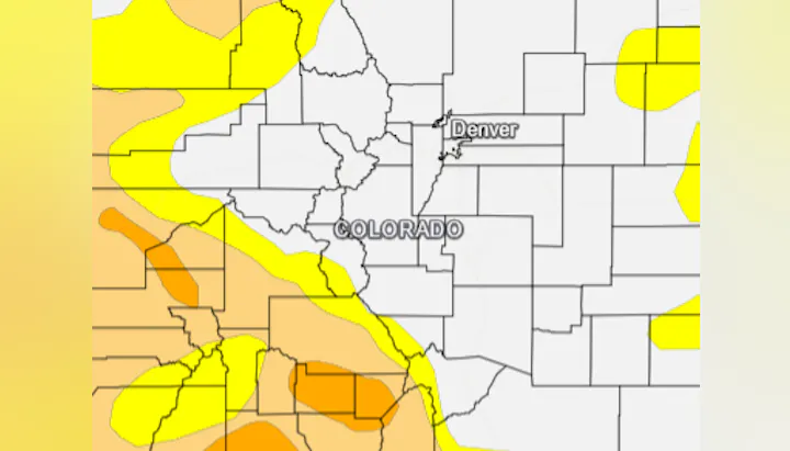 The image shows a weather map of Colorado with color-coded areas, likely indicating precipitation or weather patterns.