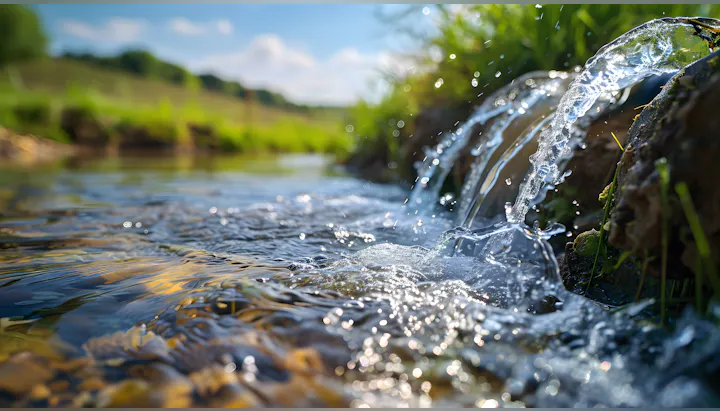 A clear stream of water flows gently, surrounded by lush greenery and sparkling sunlight, creating a serene natural scene.