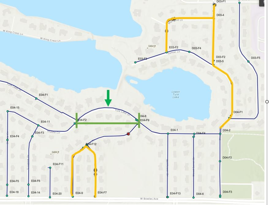 The image is a map of a residential area with streets, lakes, and labeled routes or paths.