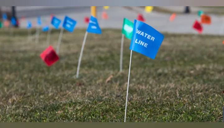 The image shows small flags in a grassy area, indicating various utility lines, with a blue flag marked "WATER LINE."