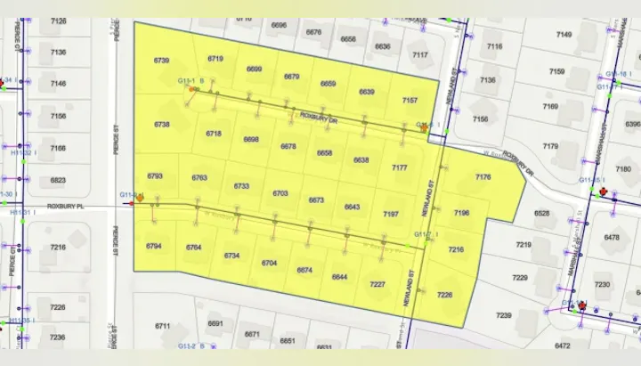 The image shows a map with highlighted sections marked by street addresses and road names in a residential area.