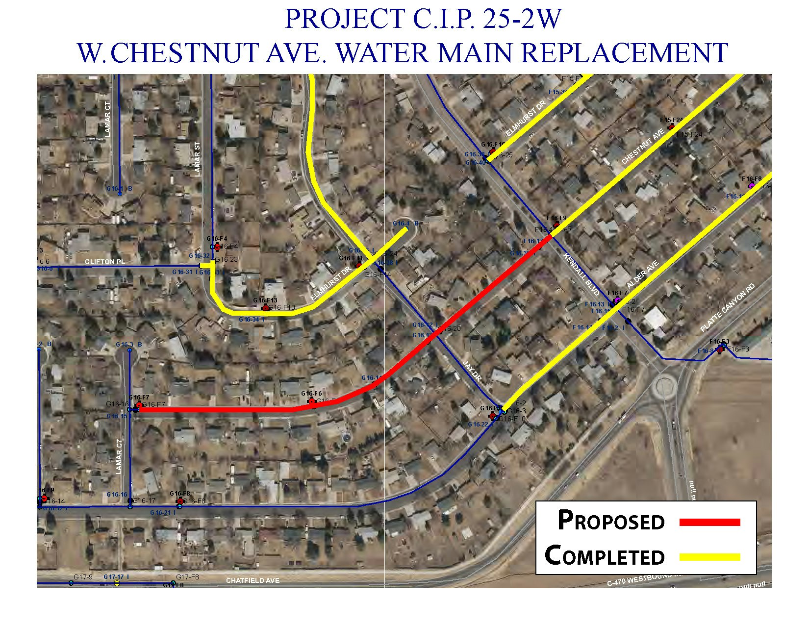 Map detailing the water main replacement project on W. Chestnut Ave., showing proposed (red) and completed (yellow) sections.