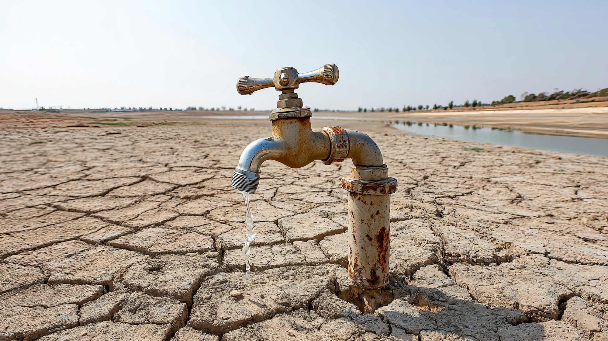 A rusty faucet on dry, cracked ground, with a small stream of water flowing, highlighting drought and water scarcity issues.